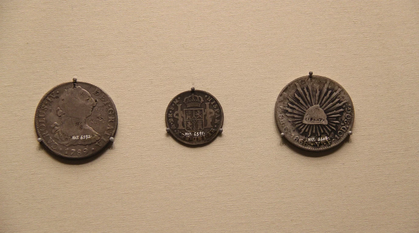 Three old silver coins of different countries mounted side by side on a beige museum display board.