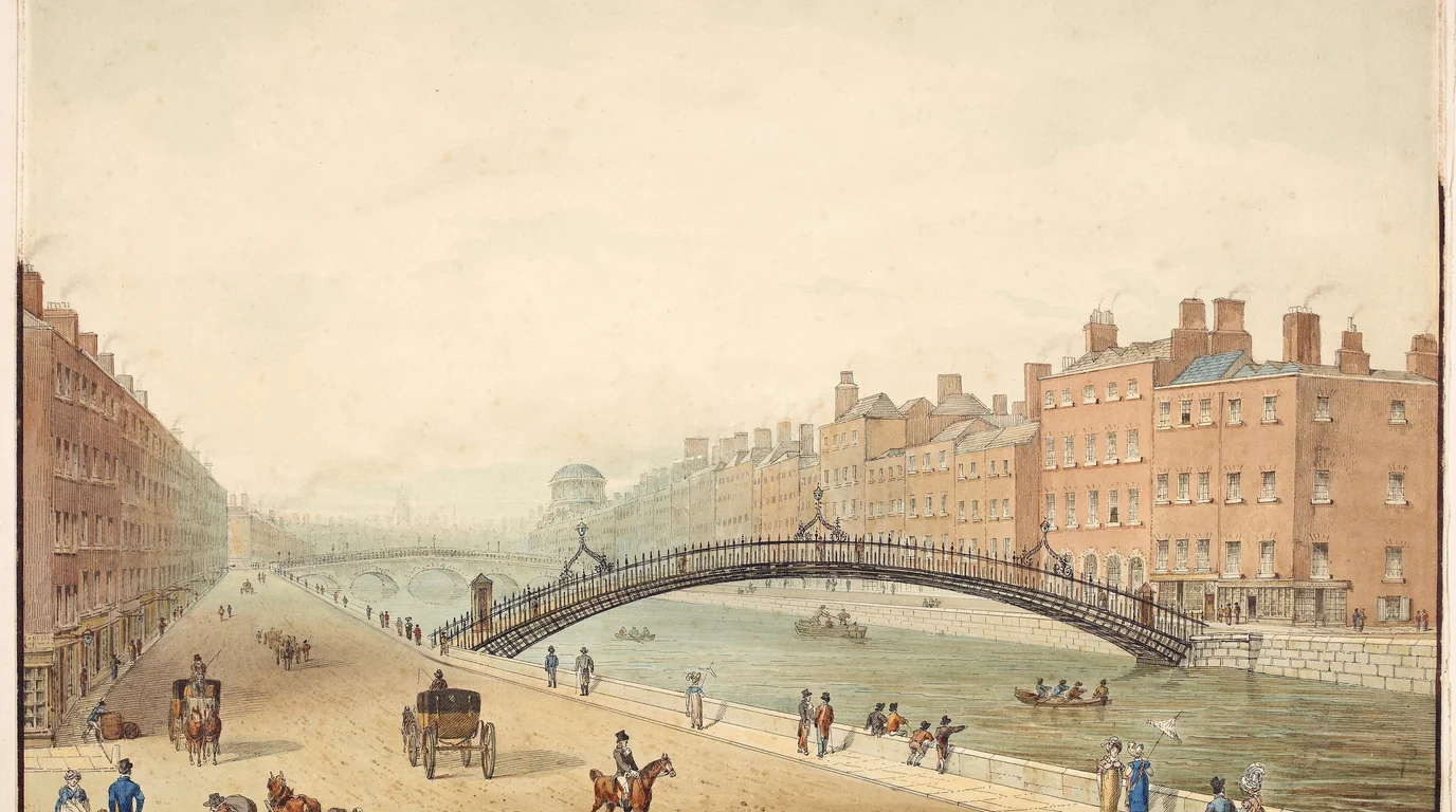 A 19th-century watercolour of Dublin's Ha'penny Bridge arching over the River Liffey, with carriages on the quay.
