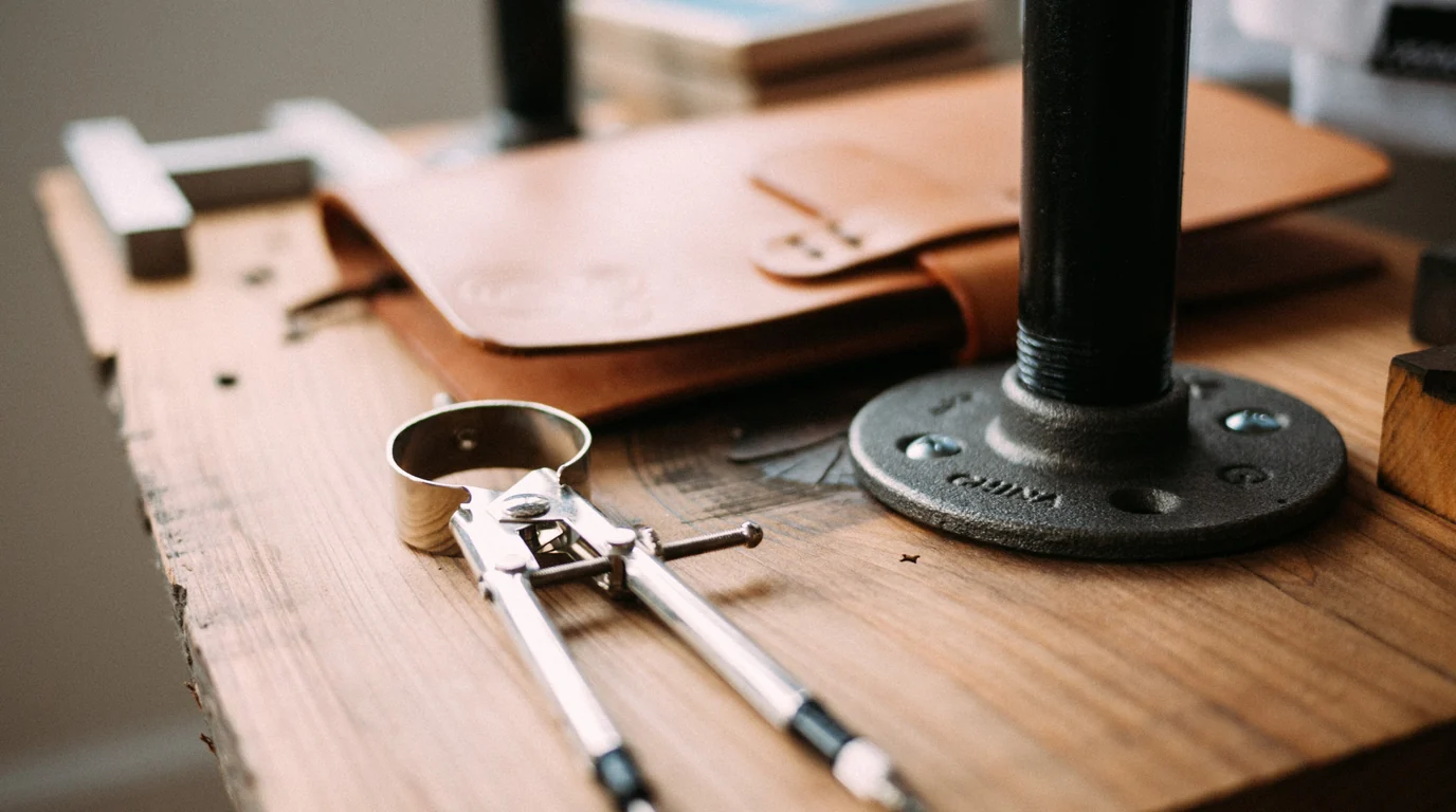 A drawing compass on a wooden workbench beside a leather tool roll and an iron pipe stand.