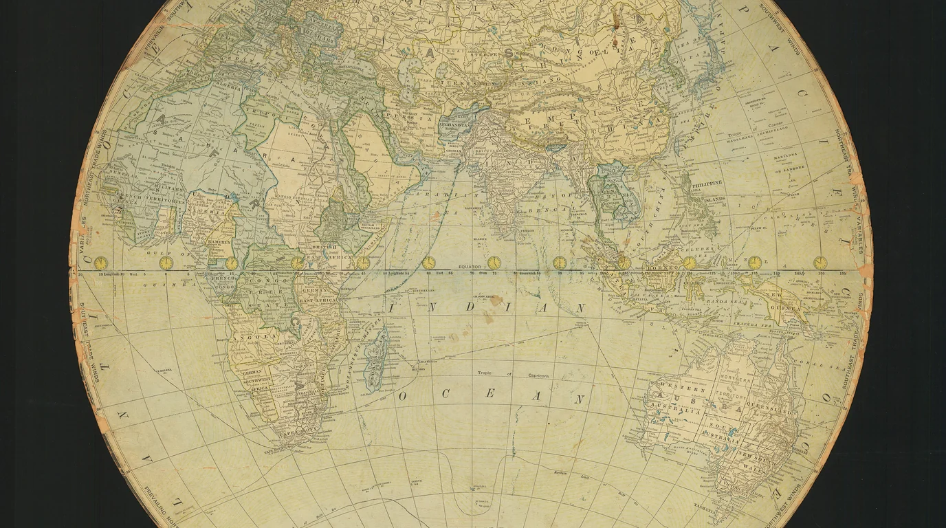 An antique flat map of the Eastern Hemisphere, Europe, Africa and Asia in faded colours on a dark ground.
