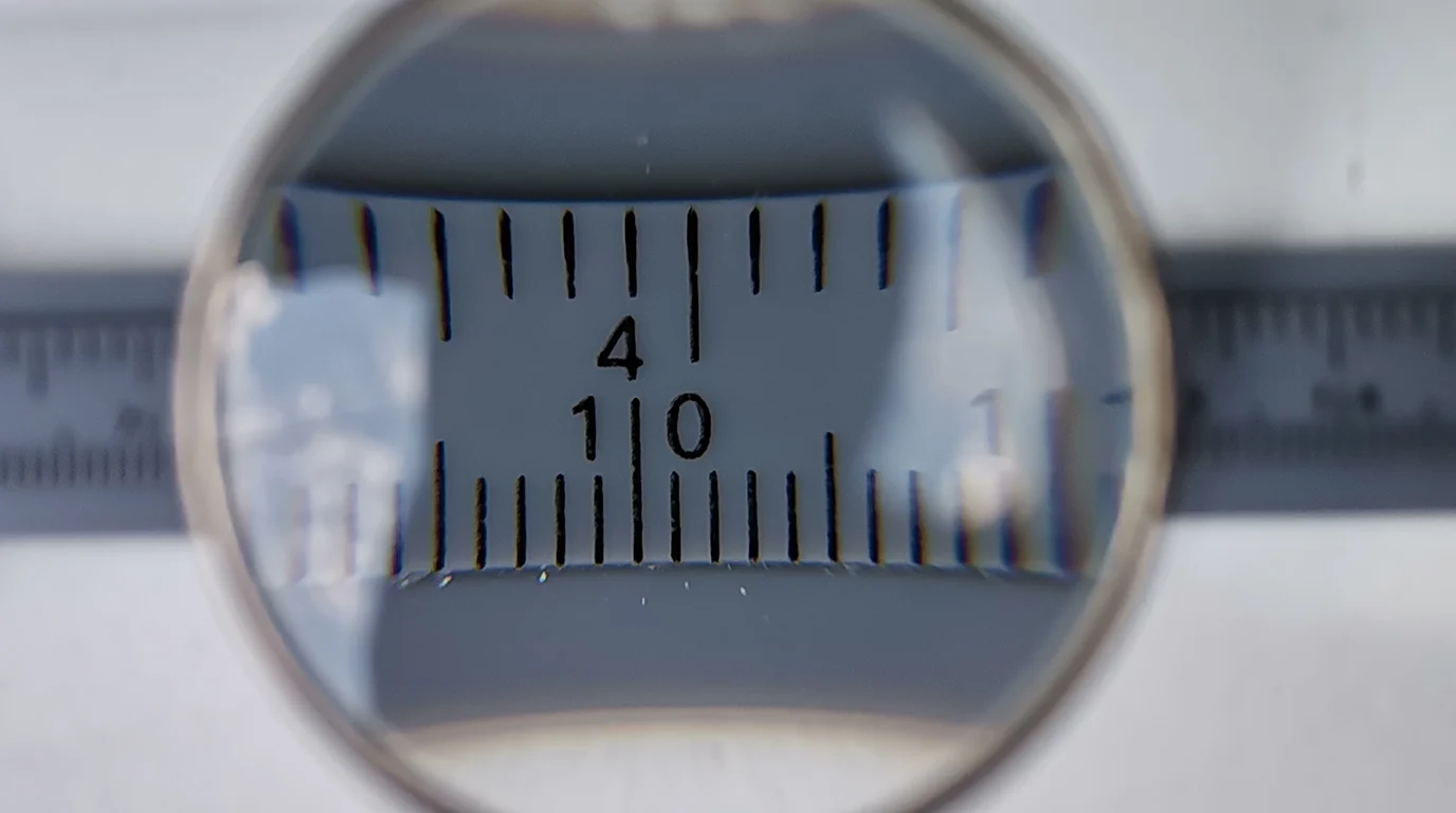 A magnifying glass enlarging the fine millimetre marks on a ruler.