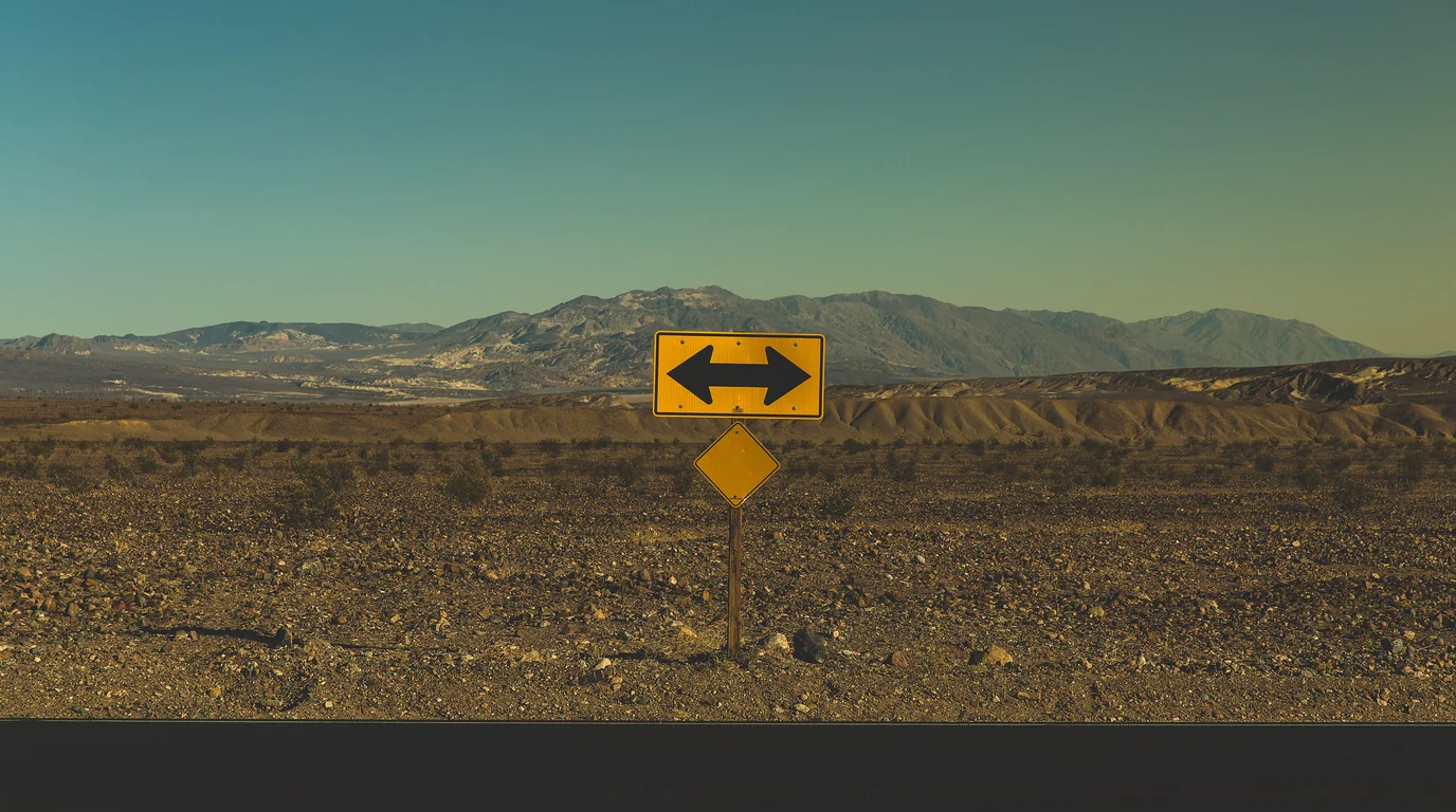 A yellow two-way arrow road sign standing in a flat desert, mountains on the horizon.