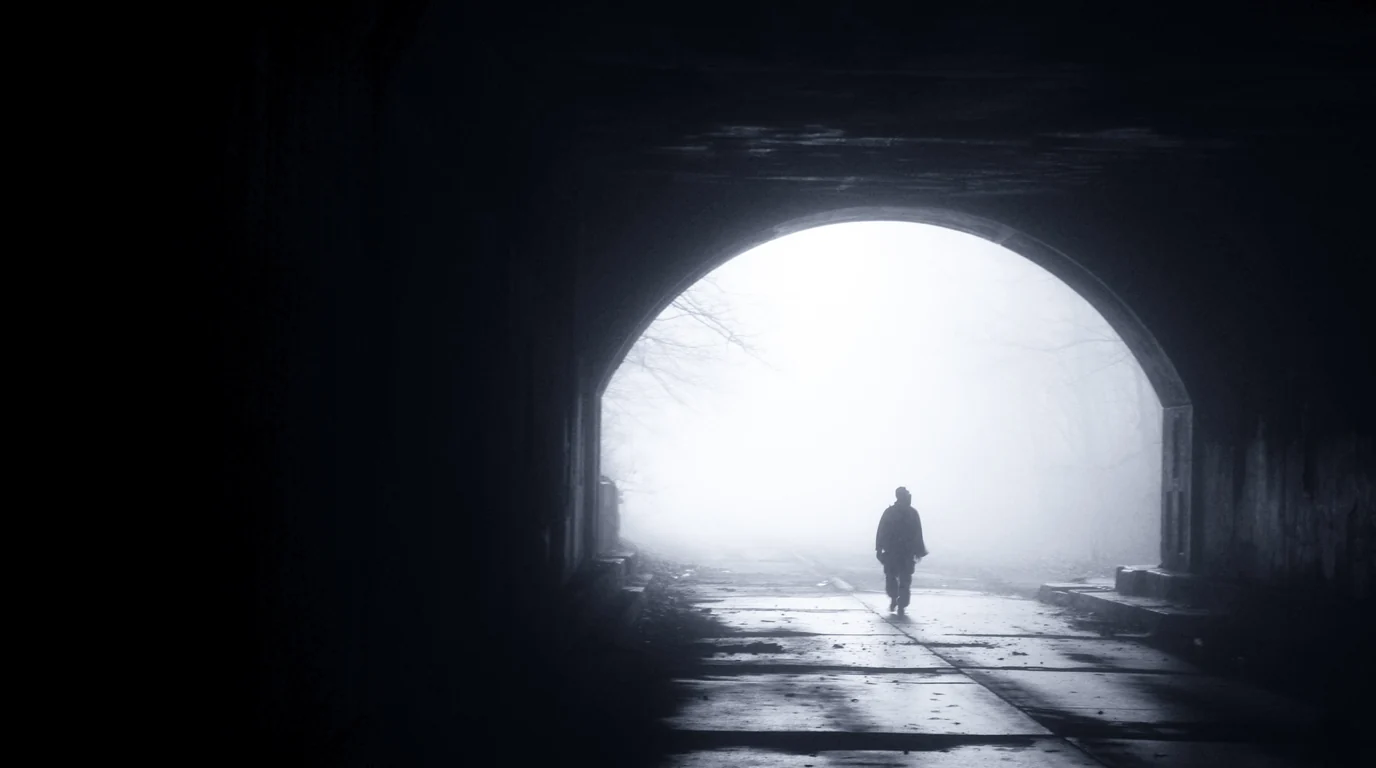 A lone figure walking out of a dark tunnel towards a bright, foggy opening.