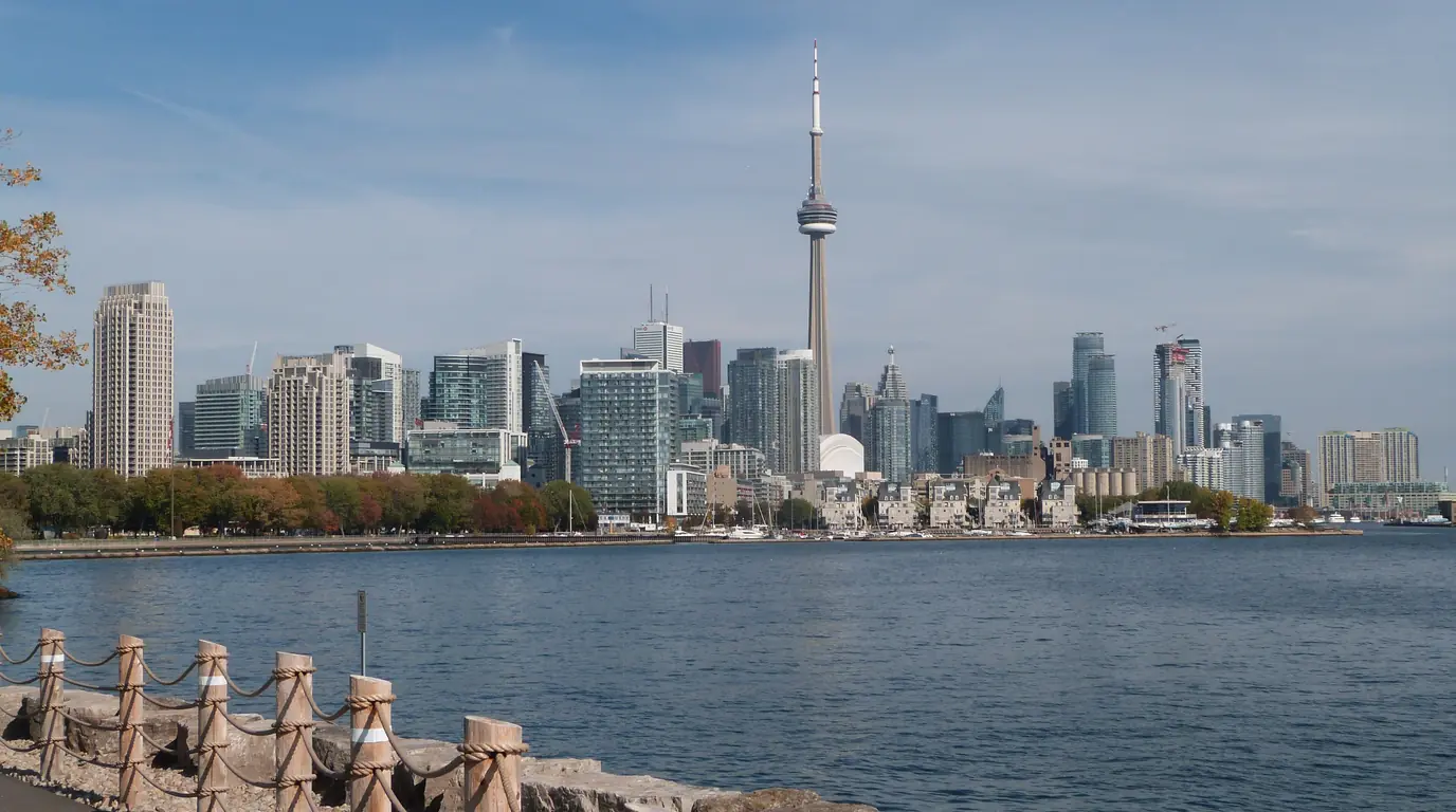 Downtown Toronto and the CN Tower seen across the harbour on a clear day