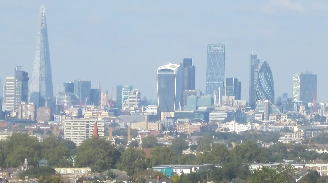 The City of London skyline with the Shard and the Gherkin, seen over trees from south London